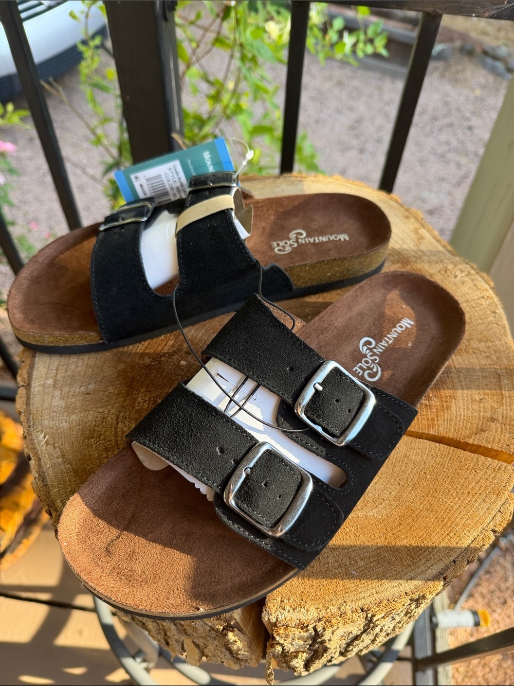 Mountain Sole Black Leather Double-Buckle Slide Sandals